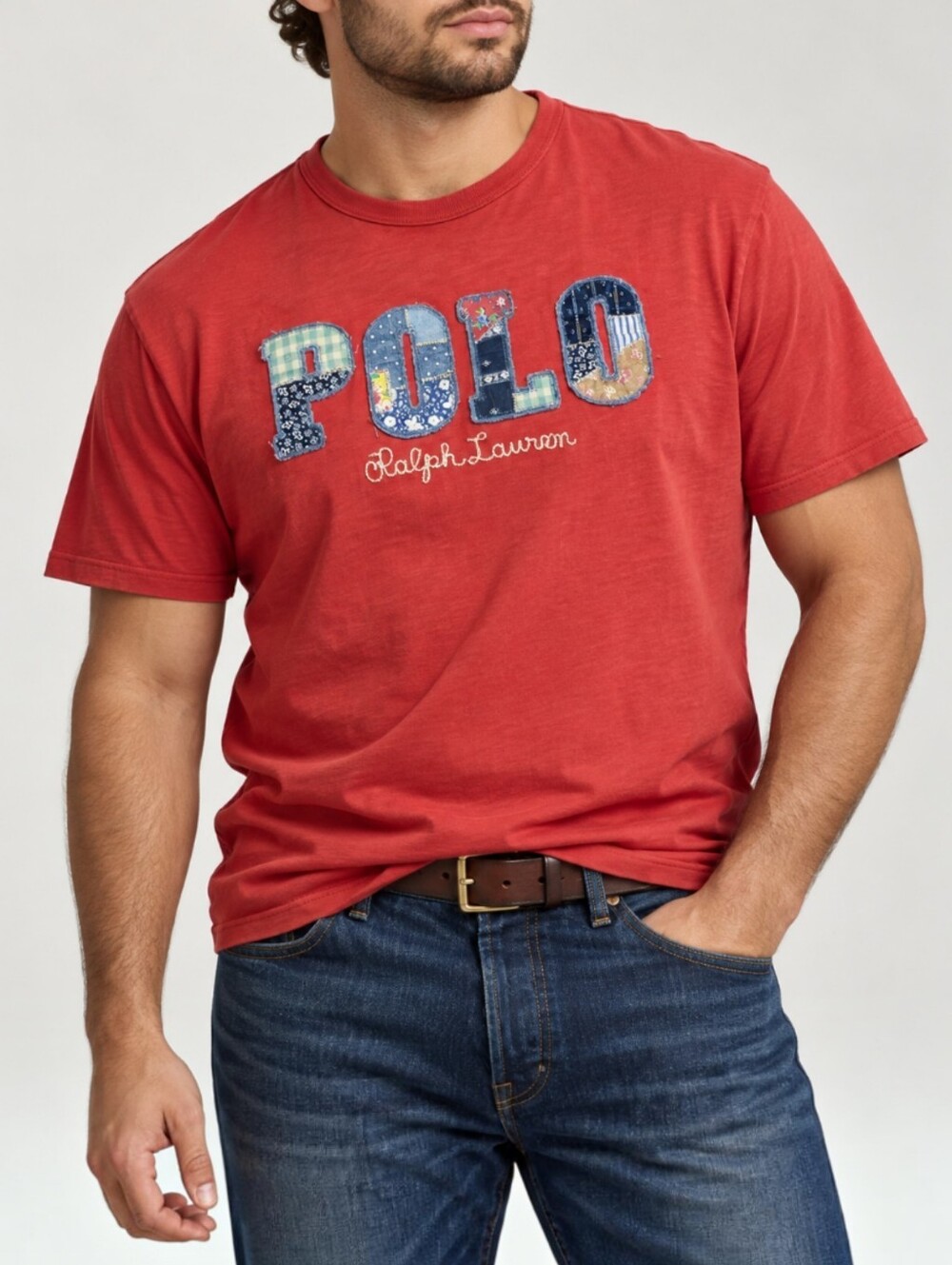 Polo Ralph Lauren Patchwork Applique Spellout T-Shirt Post Red Classic Fit XL